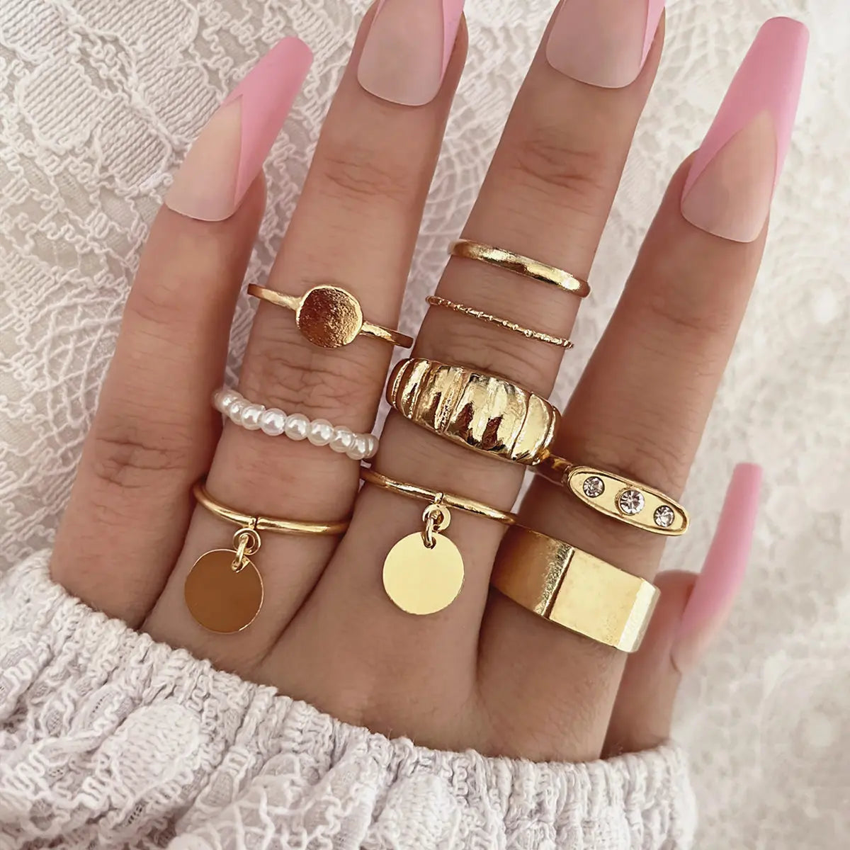 9Pcs/Set Bohemia Wholesale Ring Hanging Disc Irregular Pattern Rhinestone Pearl Beaded Gold Ring Set for Women