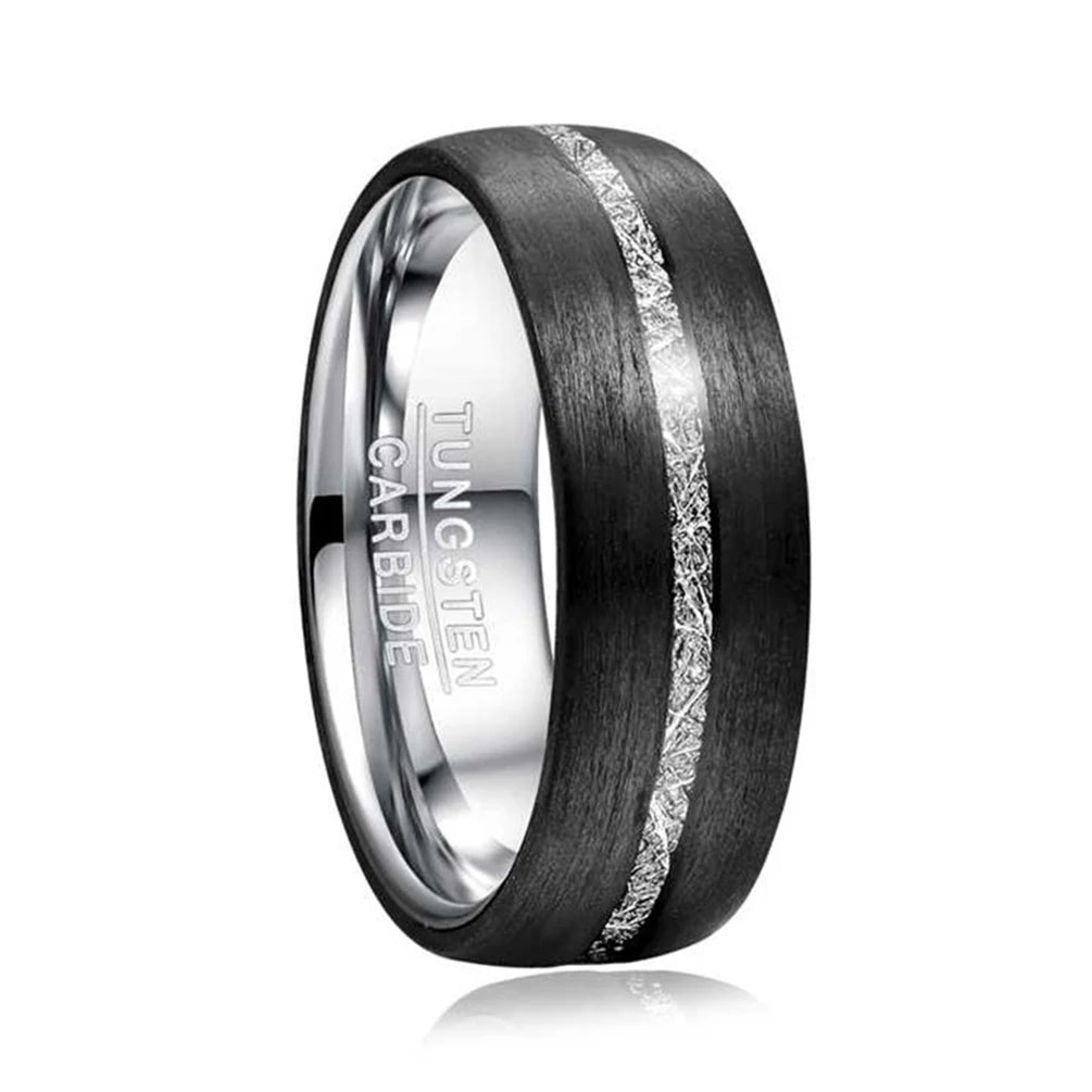 Wholesale 8mm Width Tungsten Rings for Men Black Carbon Fiber and Meteorite Inlay Shiny Polished Inside Classic Style Inside