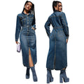Y218621 Trendy Plus Size Denim Dresses Women Casual Turn-down Collar Long Sleeve Slit Long Dress Women Jeans Dresses for Ladies