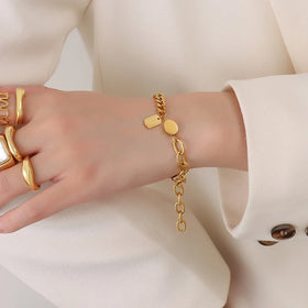 Ins Cool Style Retro Design Simple Stainless Steel Plated 18K Real Gold Charms Link Chain Bracelets for Women