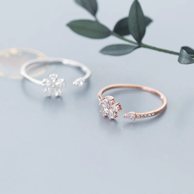 Cubic Zirconia Flower Shape Ring Adjustable Open Rose Gold Plated 925 Sterling Silver Finger Rings Fashion Jewelry for Women