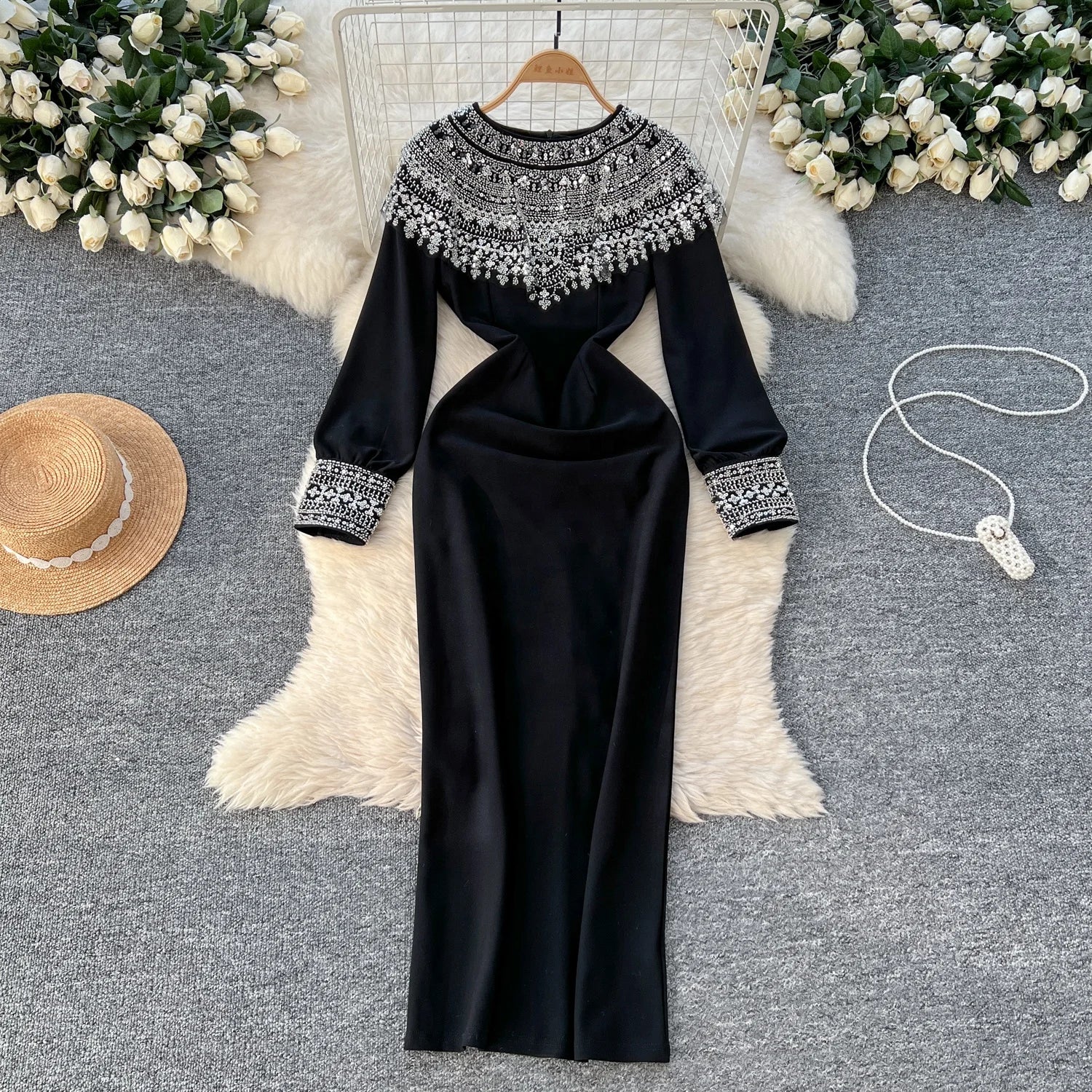2025 Elegantly Embroidered Beaded Sequin Shawl Patchwork Temperament Black Dress Dress