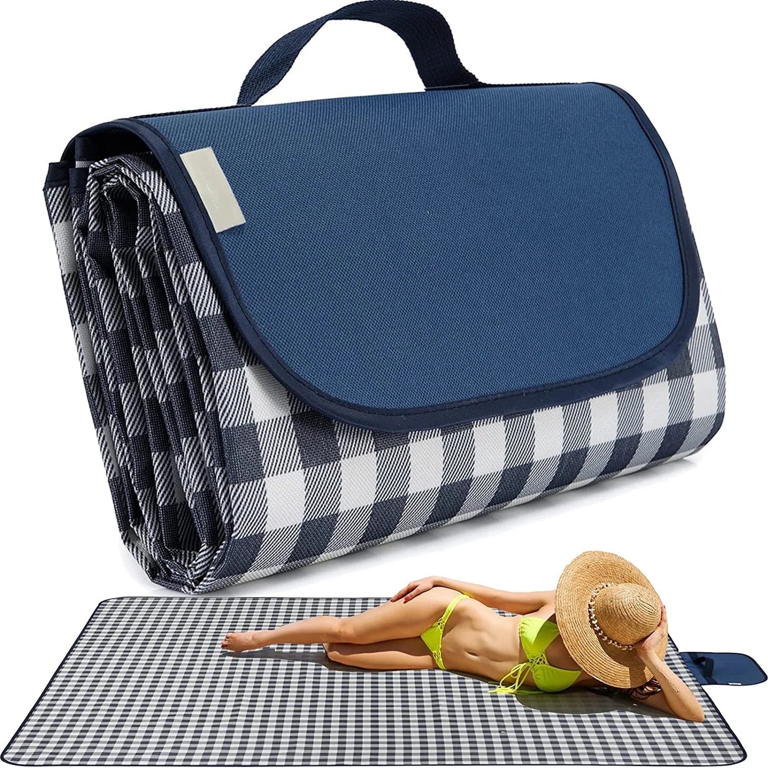 Woqi  Machine Washable Waterproof Fold Able Over Sized XL Outdoor Mat for Camping Park Travel Grass Blue White Stripe