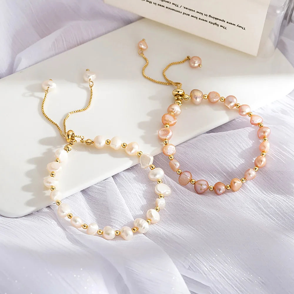 Pulsera De Perlas Women Adjustable 14K Gold Plated White Pink Natural Baroque Rose Gold Pearl Bracelet