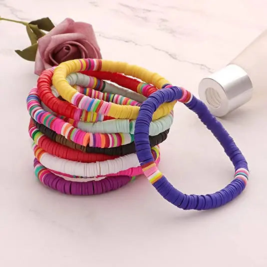 Colorful Beaded Multiple Strand Bracelet Handmade Pearls Stretch Surfer Bracelet Polymer Clay Rainbow Boho Bracelet