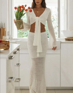 STOCK Women's Two Pieces Set Crochet Long Sleeve Top Knit Long Skirt Hollow Out Beachwear Cover up
