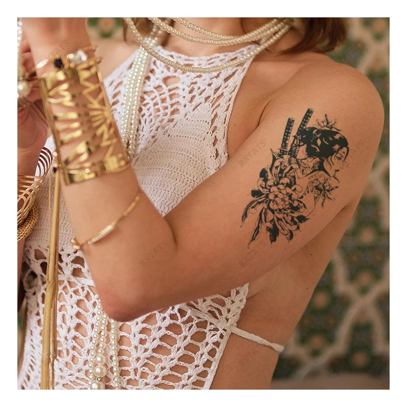 BXTAT Semi-Permanent Blue Genipa Juice Tattoos Japanese Geisha Women Katana Cyprinoid Fish Design Paper White Model GZ067to72"