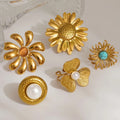 French Vintage Style 18K PVD Gold Plated Hyperbole Big Flower Pearl Trendy Stainless Steel Open Ring Set
