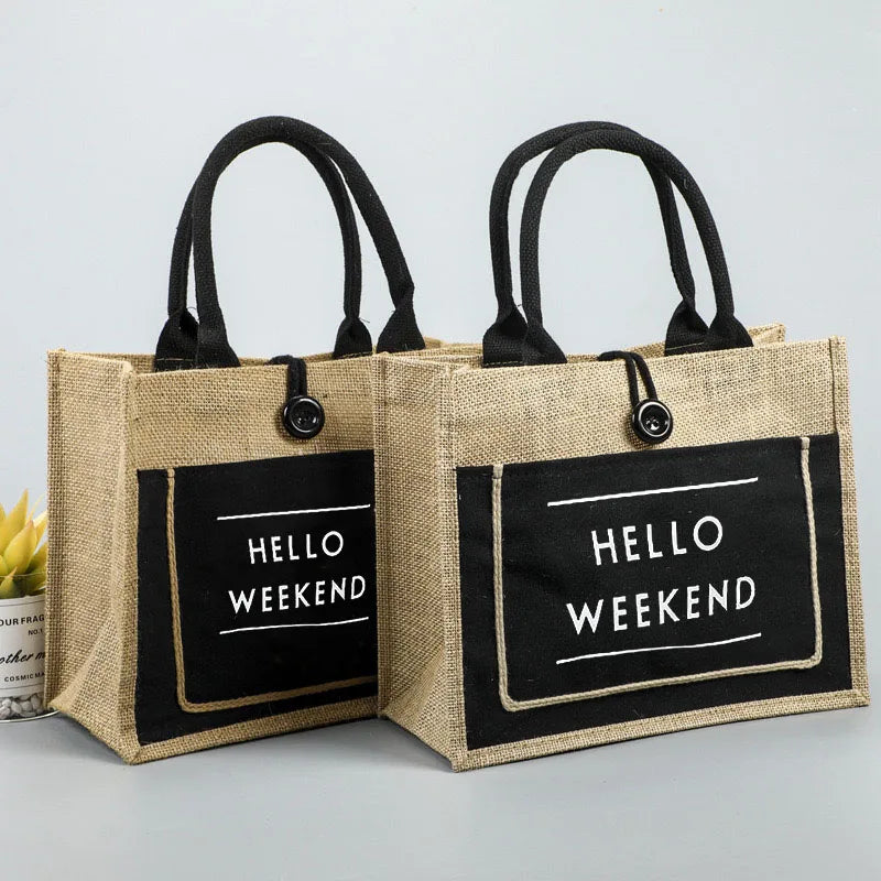 Custom Personalized Eco-Reusable Waterproof Shopping Jute Tote Bags Burlap Beach Tote Bags with Tassels Letter Pattern Style