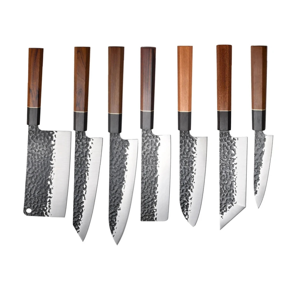 2024 Japanese Style 7-Pcs Hand Forged Kitchen Knife Set Chef's & Butcher's Knife with Star Anise & Sour Branch Handle