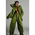 Green Satin Women Suits Loose 2 Piece Casual Fashion Party Ladies Coat+Wide Leg Pants Tailor-Made Office Lady Business Sets