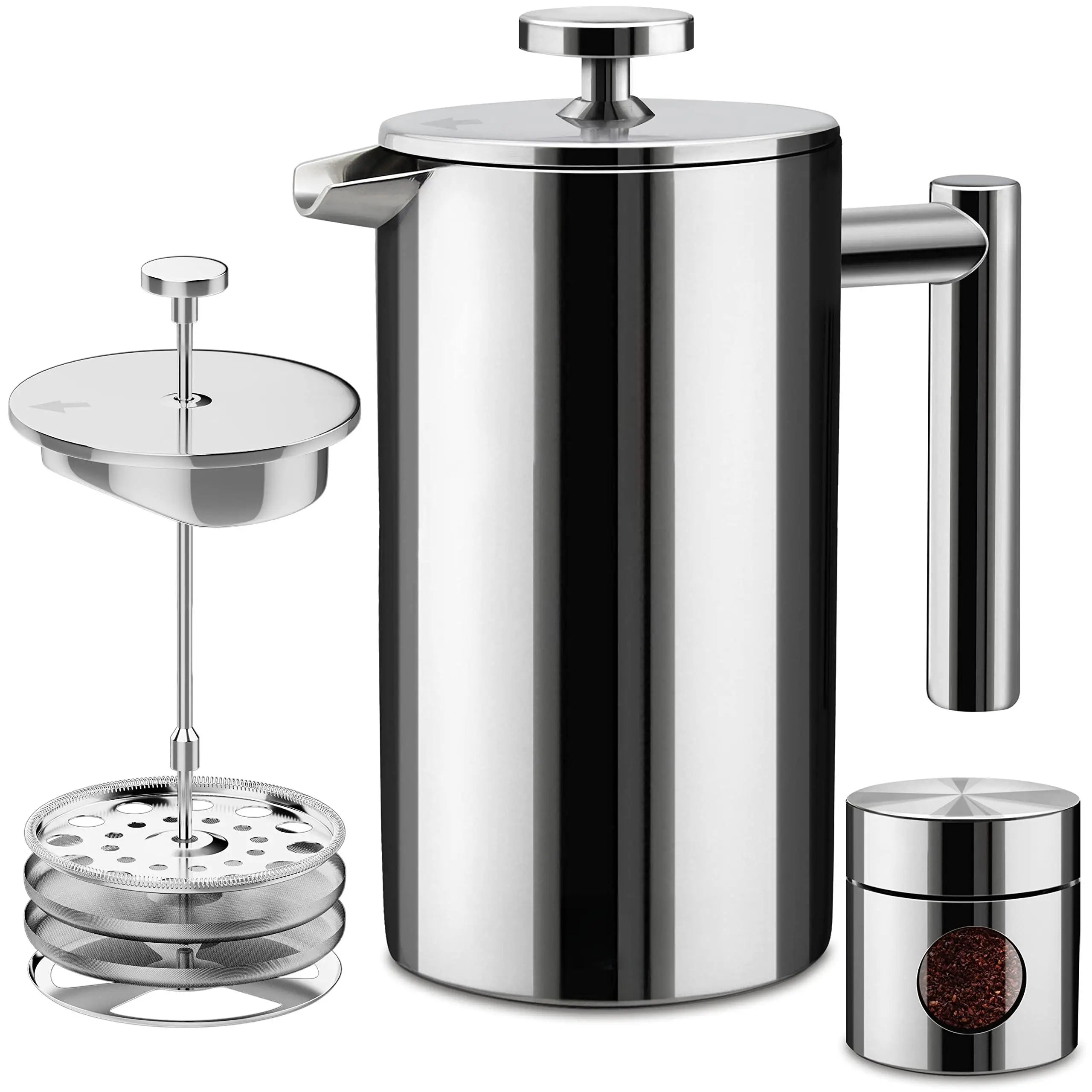 Modern Double Wall Vacuum Insulated Stainless Steel French Press Plunger Coffee & Tea Maker Set 4 Filters Metal Construction