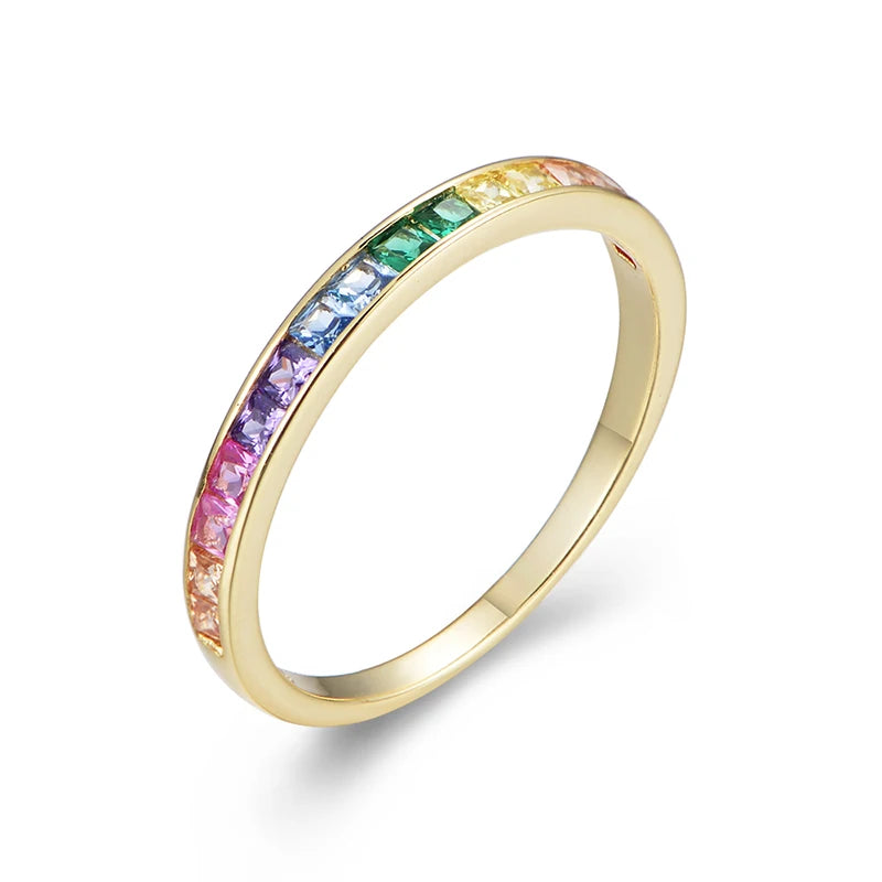 Women's Multi-Color Rainbow Infinity Band Ring 925 Sterling Silver 14K Gold Plated Trendy Eternity Band for Weddings