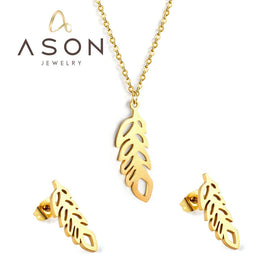 Ason Fashion Jewelry Stainless Steel Neckless and Earring Set Women Ladies 18K Gold Plated Leafage Shape Hot Sale Jewelry Set