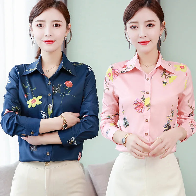 2025 New Fashion Women Girls Spring Korean Printing Floral Long Sleeve Lapel Button Chiffon Slim Casual Shirt