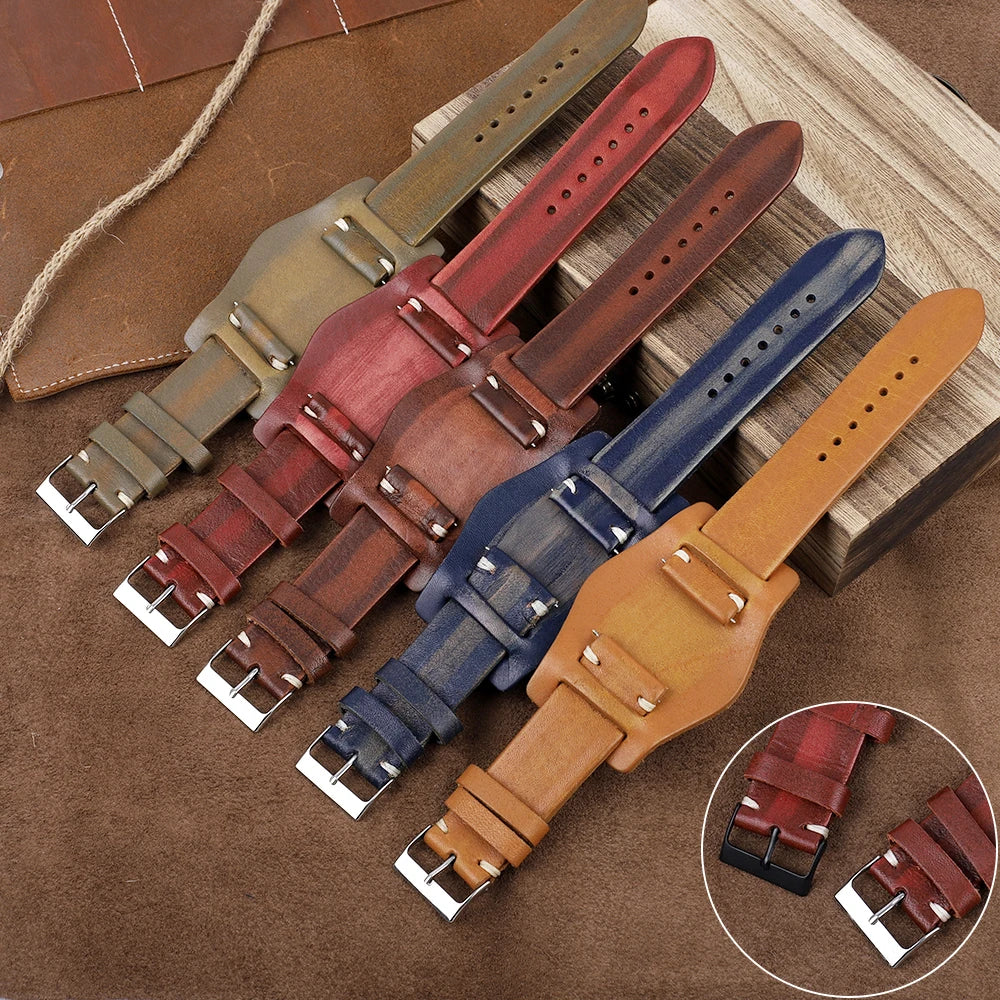 Handmade Sport Brush 7 Colors Genuine Leather Strap Men Crazy Horse Leather Band 18-26mm Cuff Band Watch Strap