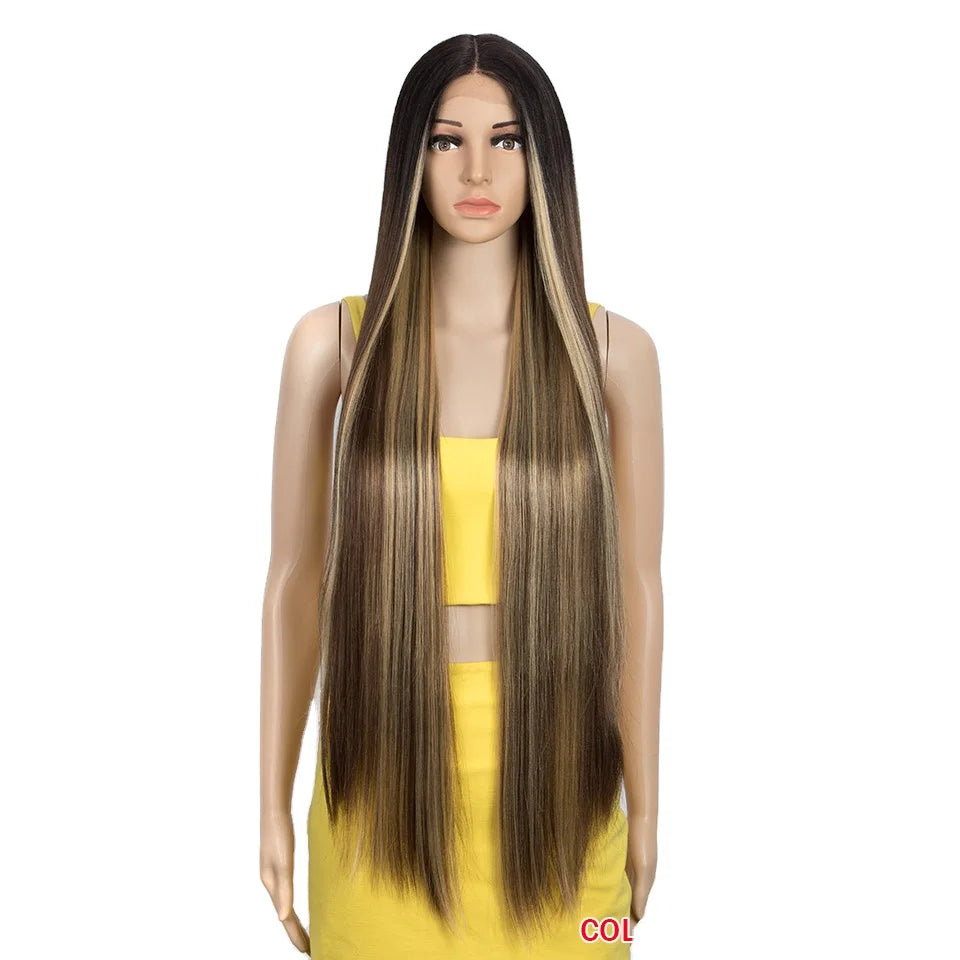 Ash Blonde Ombre T Part Synthetic Hair Wig With Highlights Middle Part Lace Front Wig Long Silky Straight HD Transparent Swiss