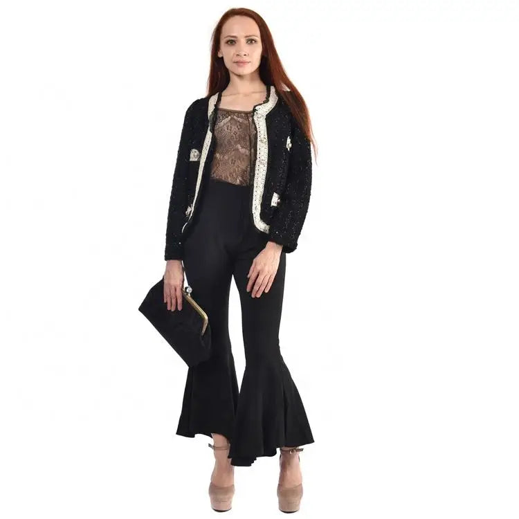 Brazilian Elegant Office Lady Tweed Blazers Autumn Women's Long Sleeve Blazer Custom Logo Design Black Formal Winter Print