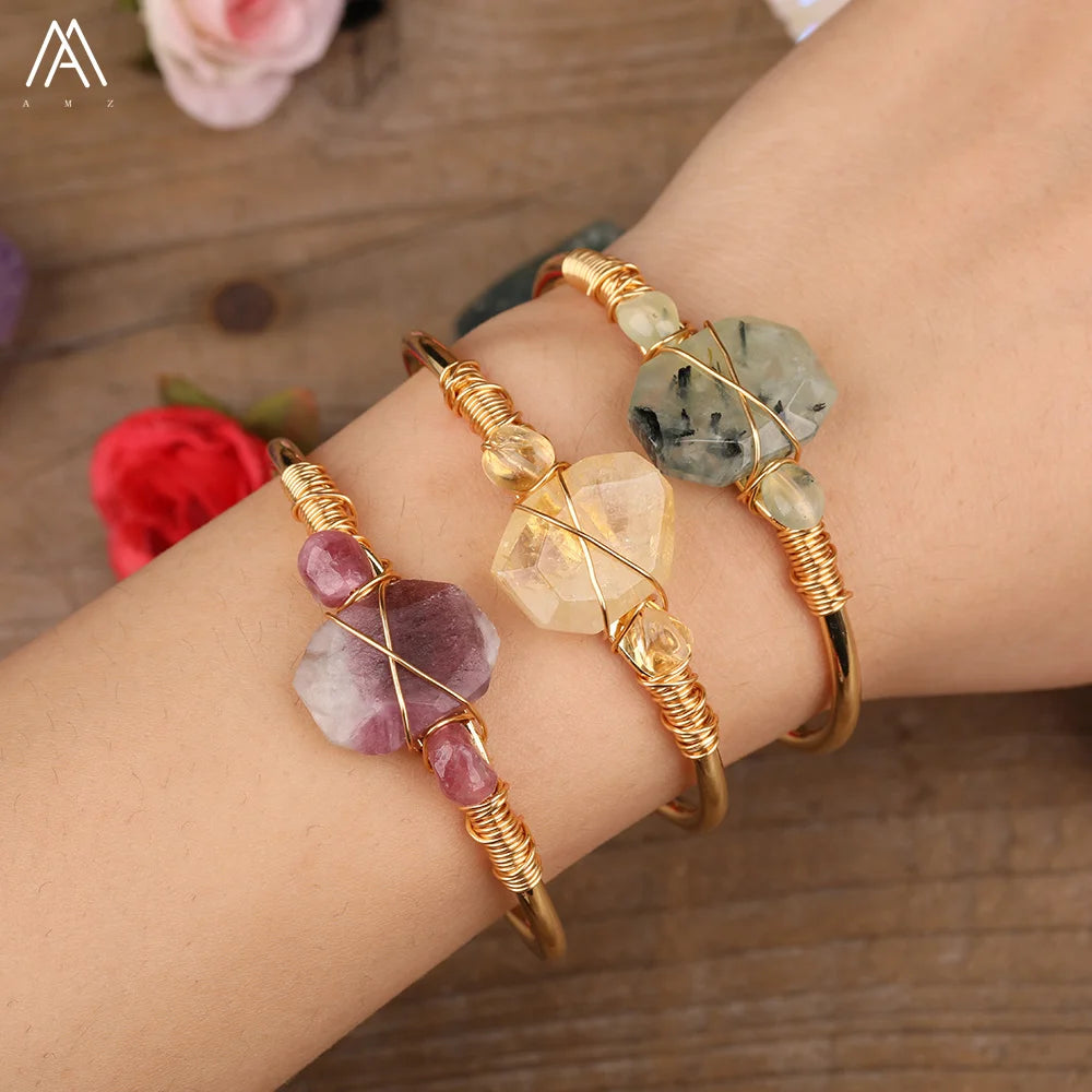 Gold Silver Rose Gold Plated Wire Wrapped Bangle Natural Citrine Quartz Crystal Stone Nugget Beads Bracelets Bangle