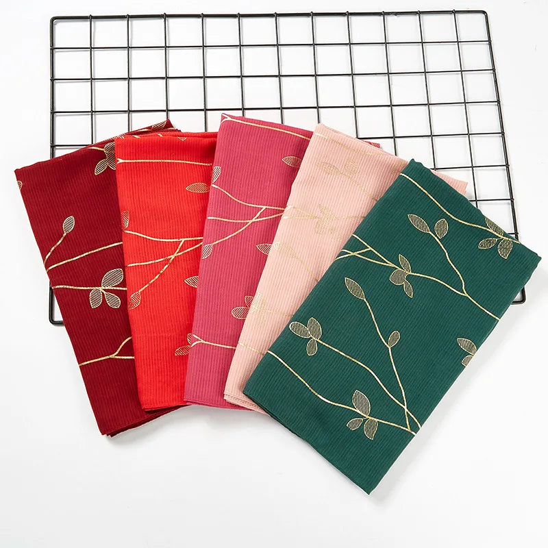 Fashion Design Women Glitter Solid Color Scarves Leaves Bronzing Pattern Ladies Cotton Linen Hijab Shawls