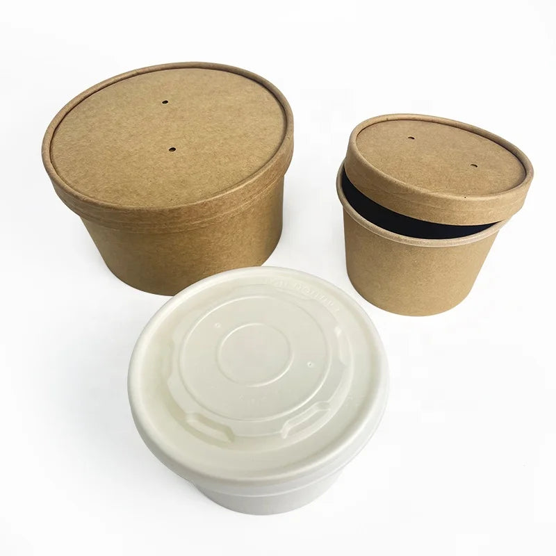 For Shallow Hot Curry 32oz 40oz Pla Coating Salad Bowl Biodegradable Recycle Kraft Paper Box Bowls Plate with pp Lids