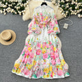 LW702 2025 Spring New Elegant Holiday Style Dress With Lantern Sleeves Printed Long Skirt Plus Size Dress