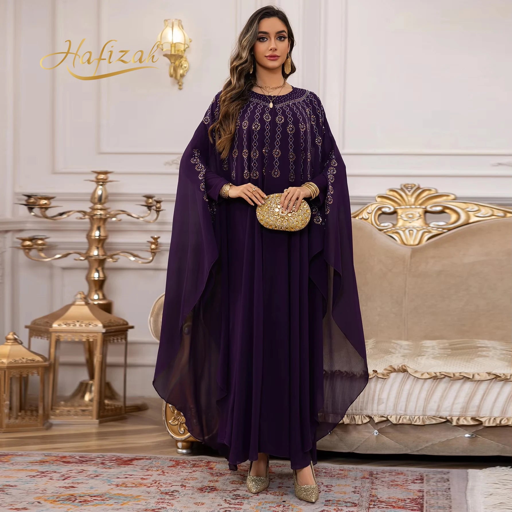 Hafizah 2026 Dubai Luxury Multi Color Rhinestone Butterfly Sleeve Muslim Long Dress Modest Abaya
