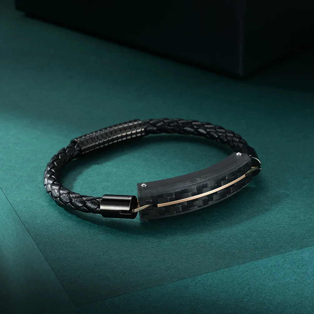 Fashion Solid Carbon Fiber Bracelet With Engraved Commemorative Gift Men Titanium Steel Braided Leather Bracelet AS-013