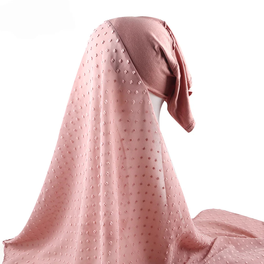 Muslim Woman Pom Pom Dot Instant Chiffon Hijab With Bonnet Unique Design Chiffon Hijab Shawl With Caps