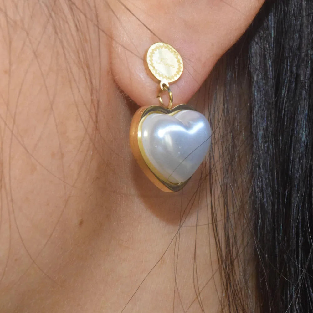 Waterproof Stainless Steel 18k Gold Plated Abs Pearl Heart Stud Charm Earring Popular Brands Jewelry Women