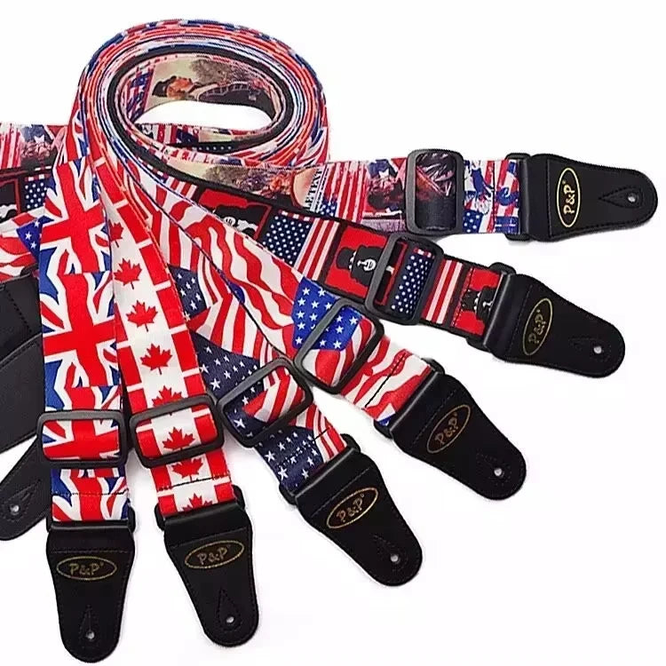 New National Flag USA UK Canada Slash Design Guitar Shoulder Belt Adjustable Guitar Strap with Black Leather Ends