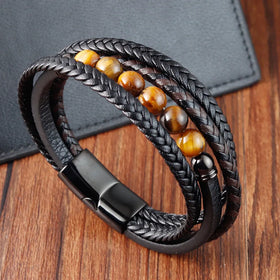 Multilayer Braided Wrap Lava Tiger Eye Natural Stone Beaded Stainless Steel Buckle Magnetic Leather Bracelet for Men