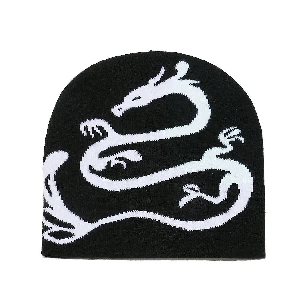Soft Fashion Low MOQ Wholesale Custom Logo Dragon Jacquard Acrylic Knitted Toque Winter Beanie Hat