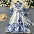 Vintage Style Printed Dress Women's Design Tight Waist Strap V-neck Lantern Long Sleeve Midi Dress