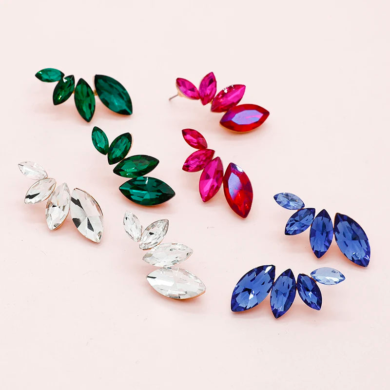 Fashion Jewelry Color Crystal Geometric Earrings Women Rhinestone Leaf Stud Earrings