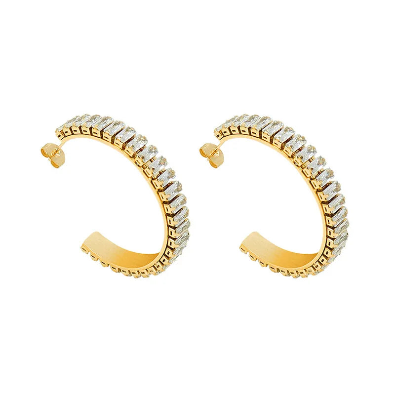 Luxury High Quality CZ Pave Party Big Crystal Hoop Earring  Stainless Steel Jewelry