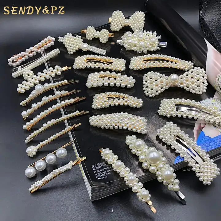 New Fashion Korean Style Women Handmade Pearl HairPins Set Luxury Bow Heart Shape Hair Clips Claw for Girls