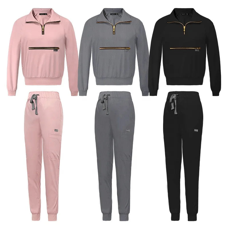 Custom logo Long Sleeve Nurse Uniforms Scrubs Suits for Women Doctor Hospital Uniform Sets Zipper Top Jogger Pants Scrubs Sets