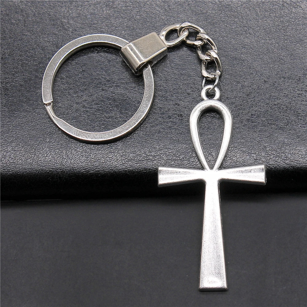 WYSIWYG 52x28mm Antique Silver Plated Antique Bronze Plated Zinc Alloy Life Key Ankh Cross Keychain for Gift P2-ABD-C10074