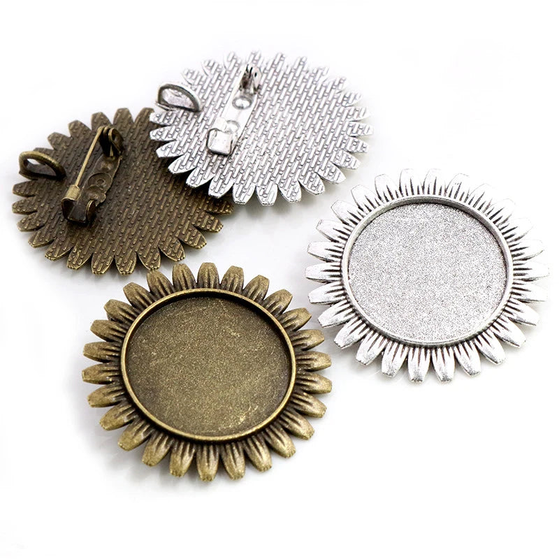 25mm Inner Size Antique Silver Plated Bronze Sunflower Floral Brooch Cameo Cabochon Blank Base Setting Charm Pendant
