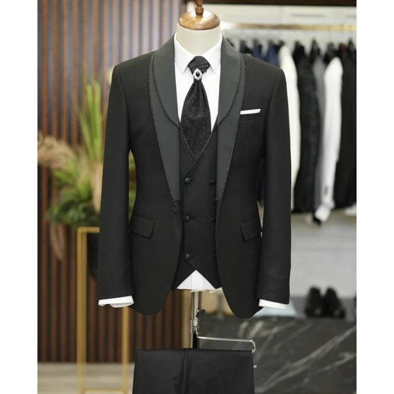 Black Men's Suits 3 Pieces Set Blazer Casual Business Suit Men's Blazer Pant Vest Wedding Party Men's Suits Tuxedos