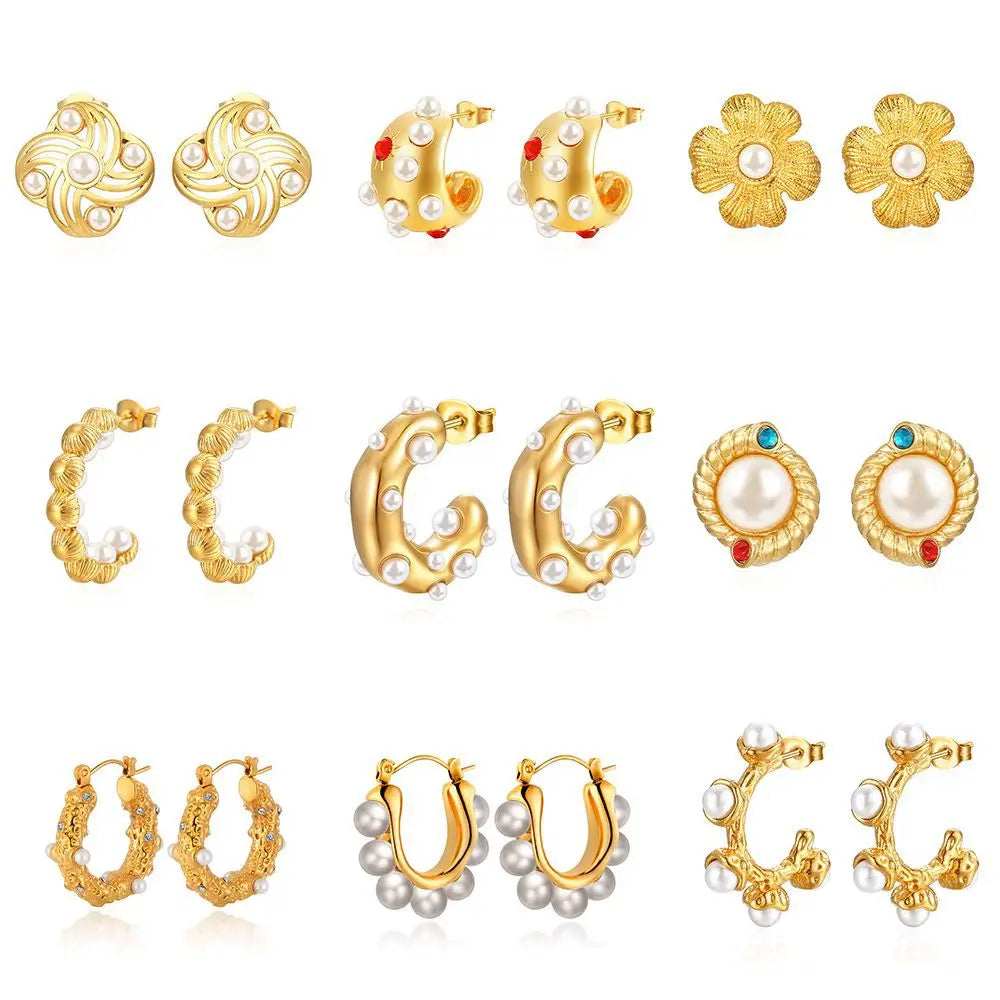 Luxury 18k Gold Plated Stainless Steel Stud Earrings Chunky Retro Pearl Earrings Women Jewelry Wholesales