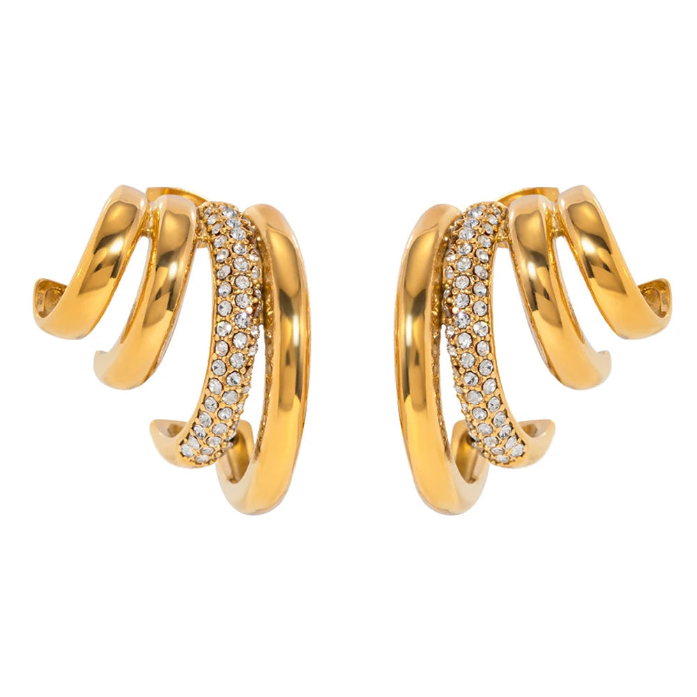 Hypoallergenic Stainless Steel PVD Gold Plated Elegant Jewelry Four Layer C Shape Inlaid Zircon Hoop Earrings for Women