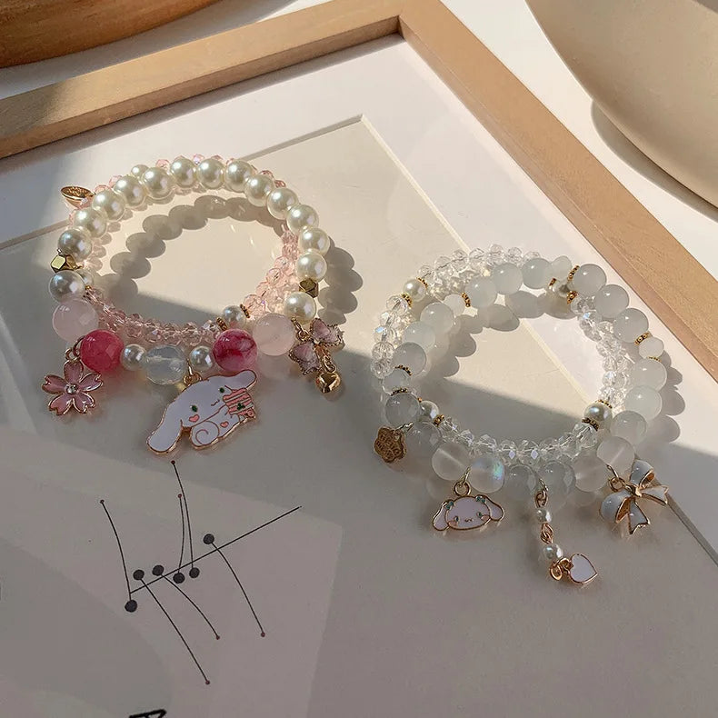 Pulseira Korean Mori Crystal Beads Pearl Bracelet Elastic Rope Bracelet Dog Bow Flower Pendant Charm Adjustable Bracelet Girl