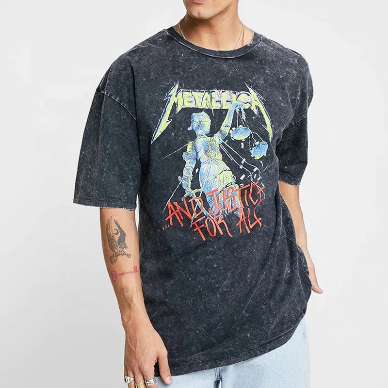 Wholesale Custom Vintage Black Printed Large Graphic Tees Acid Washed 100% Cotton Eco-Friendly Men Oversize Crew Neck T Shirts
