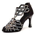 Wedopus Black Satin Latin Dance Shoes Woman Rhinestone Back Zipper 9CM