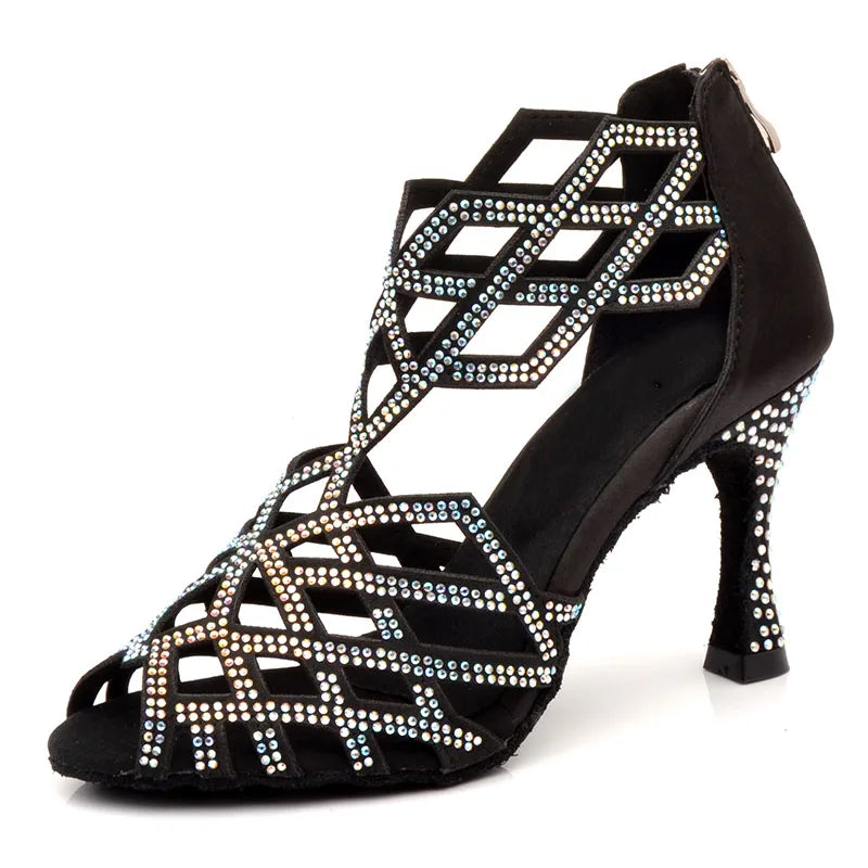 Wedopus Black Satin Latin Dance Shoes Woman Rhinestone Back Zipper 9CM