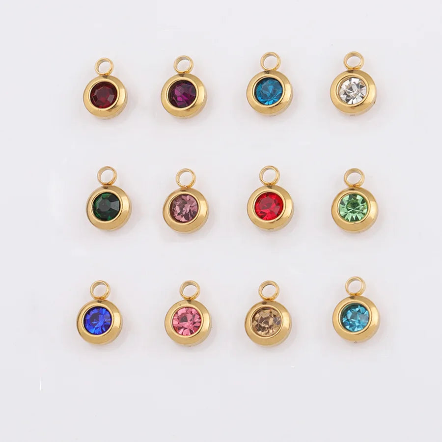 Stainless Steel 18K Gold Plated High Polish 6.5mm Colorful Zircon Birthstone Charm Luxury Titanium Steel PVD 12 Months Jewelry