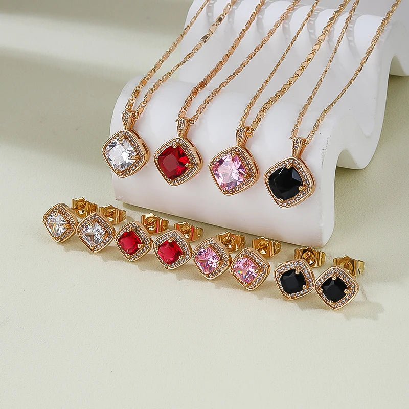 Custom Elegant Square Pink Zirconia 18K Gold Plated Women Jewelry Set for Party