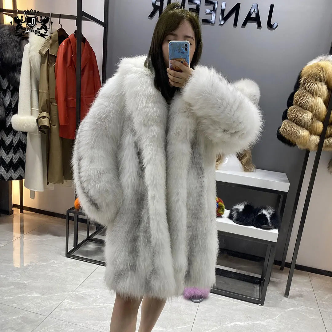 Janefur Wholesale White Fluffy Outwear Winter Thick Warm Natural Fox Fur Jacket Real Womens Fur Coats